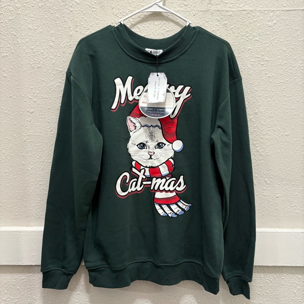Better/Together Green Christmas Cat Themed "Meowy Cat-Mas" Sweatshirt NWT Small